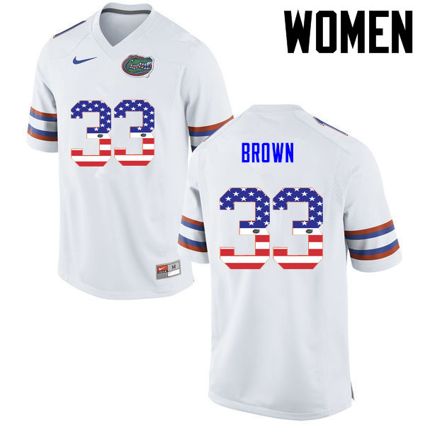Women Florida Gators #33 Mack Brown College Football USA Flag Fashion Jerseys-White